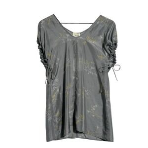 Alysi 2 Italy 100% Silk Ruched Sleeve Artsy Floral Blouse Fairy V-Neck Top NWT